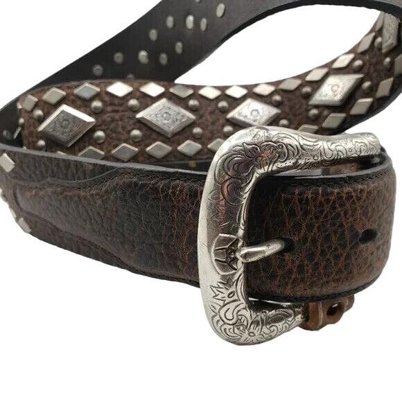 Ariat Dark Brown Leather Belt 38/95 Diamond Silver Tone Stud Tooled Buckle - Picture 3 of 13